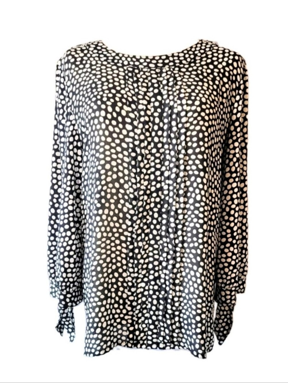 KARL LAGERFELD PARIS Blouse Black White Polkadot Pleated Tie Cuff Size M Career